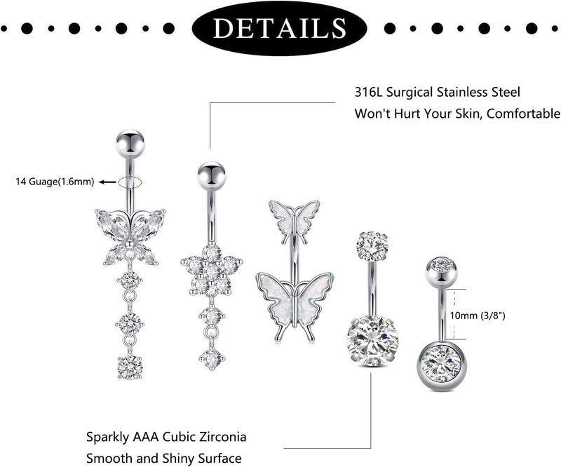 Incaton 14G Belly Button Rings, Stainless Steel Diamond Belly Rings For Women, Dangle Belly Button Rings With Butterfly, 6mm Short & 10mm Bar Navel Piercings - Image 2